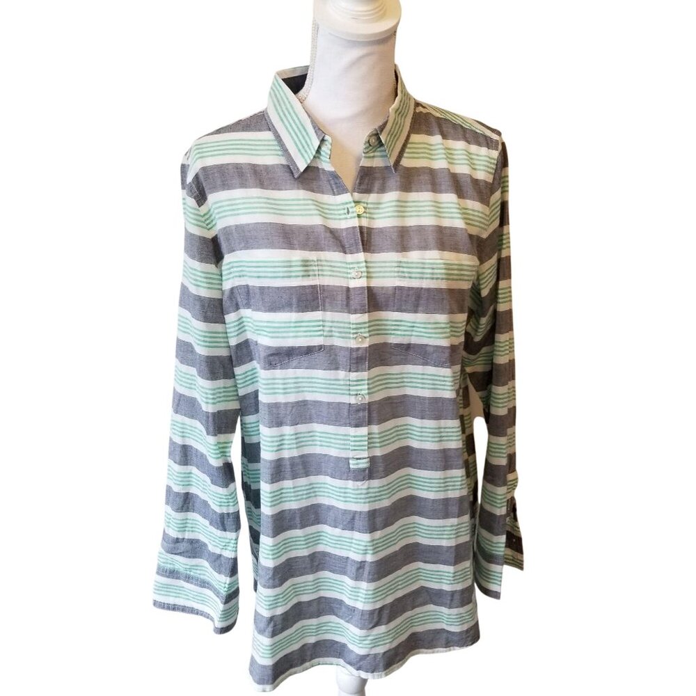 Natural Reflections Womens Large Green & Grey Striped Button-Down Shirt